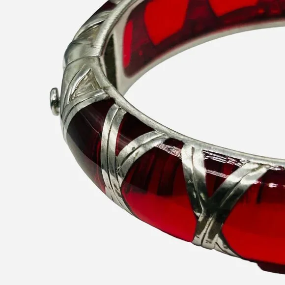 Angelique de Paris Red Resin Sterling Overlay Hinged Bangle Bracelet